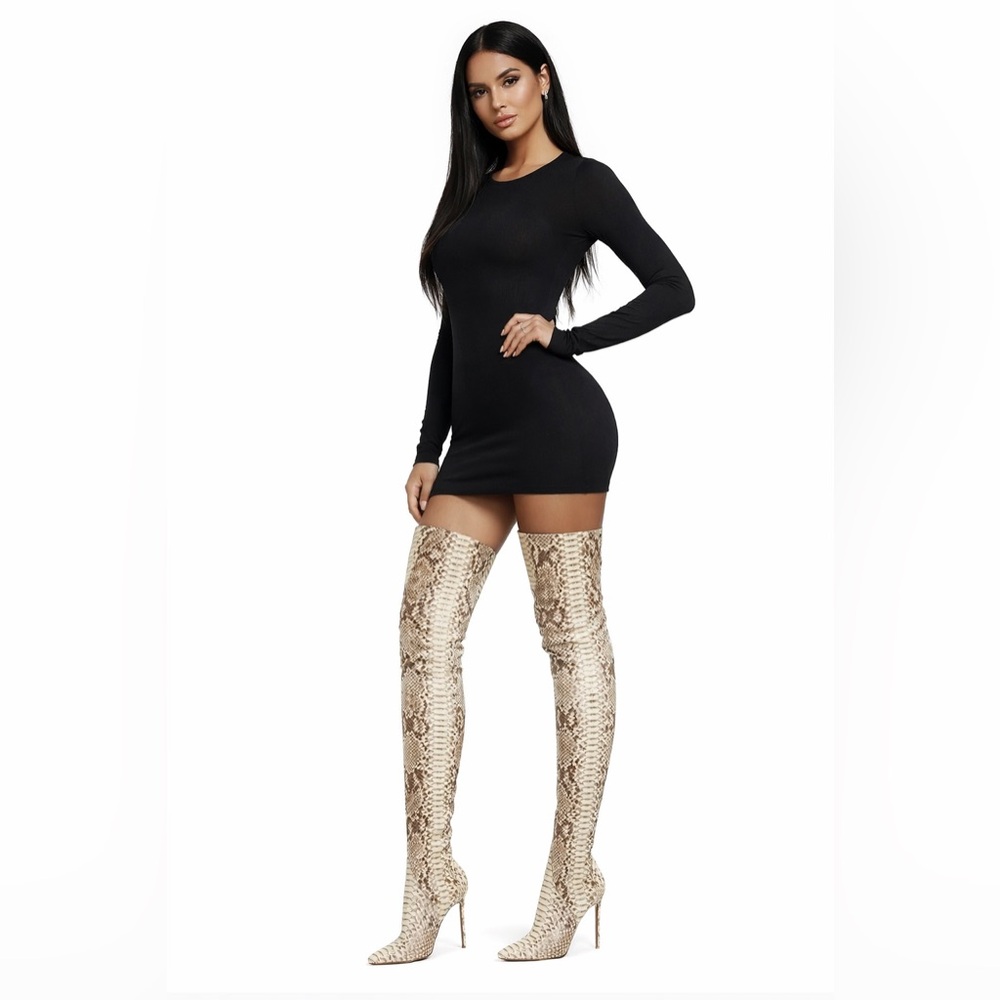 Christian Louboutin Beige Snake-Print Over-the-Knee Stiletto Boots